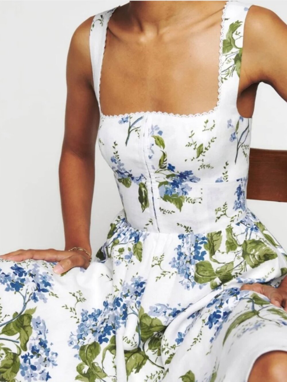 Reformation White Floral Midi Dress with Blue and Green Print - Picture 3 of 3